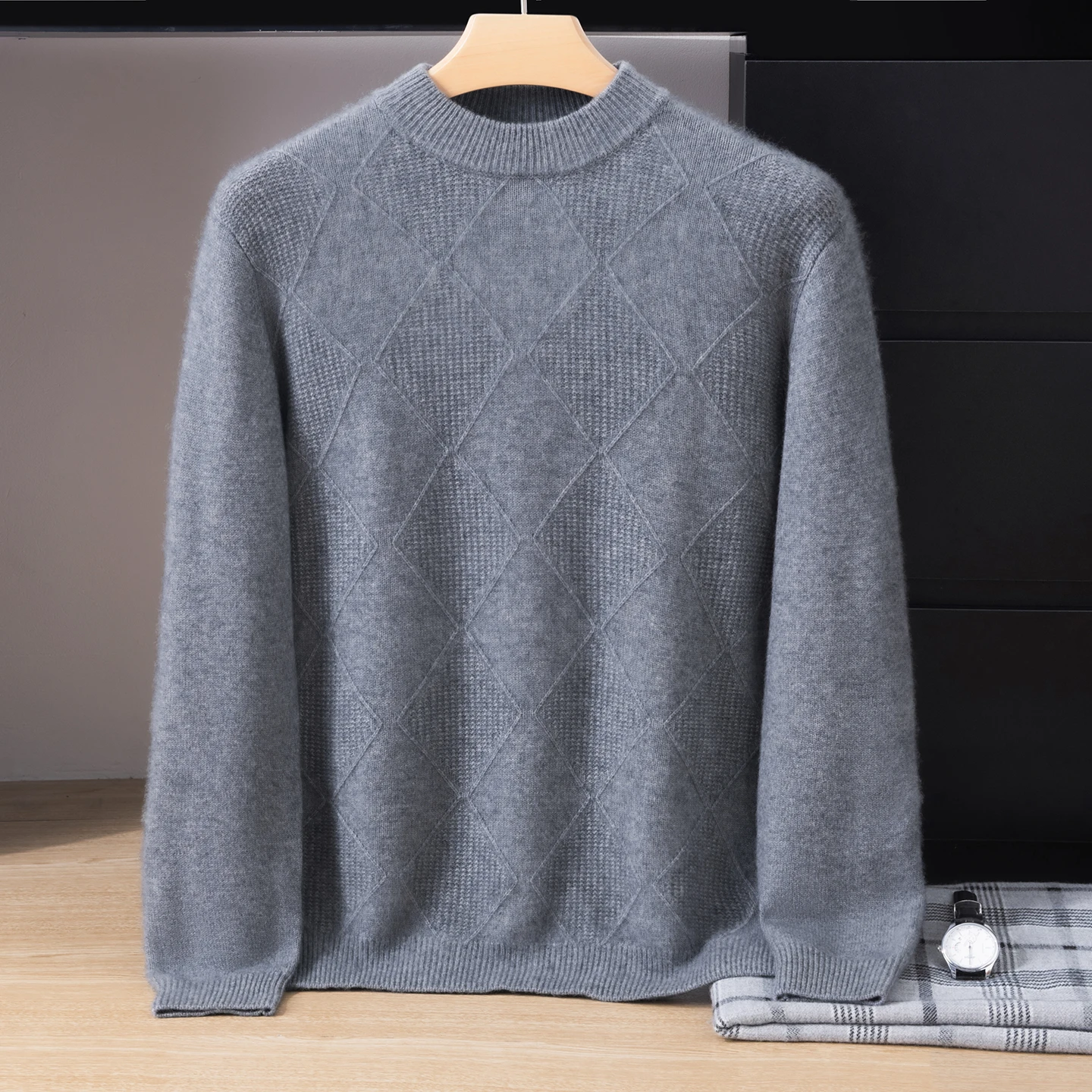 Men's 100% Pure Cashmere Knitwear Diamond Pattern Thickened Half High Collar Warm Long Sleeve Base Shirt Winter Fashion Clothing