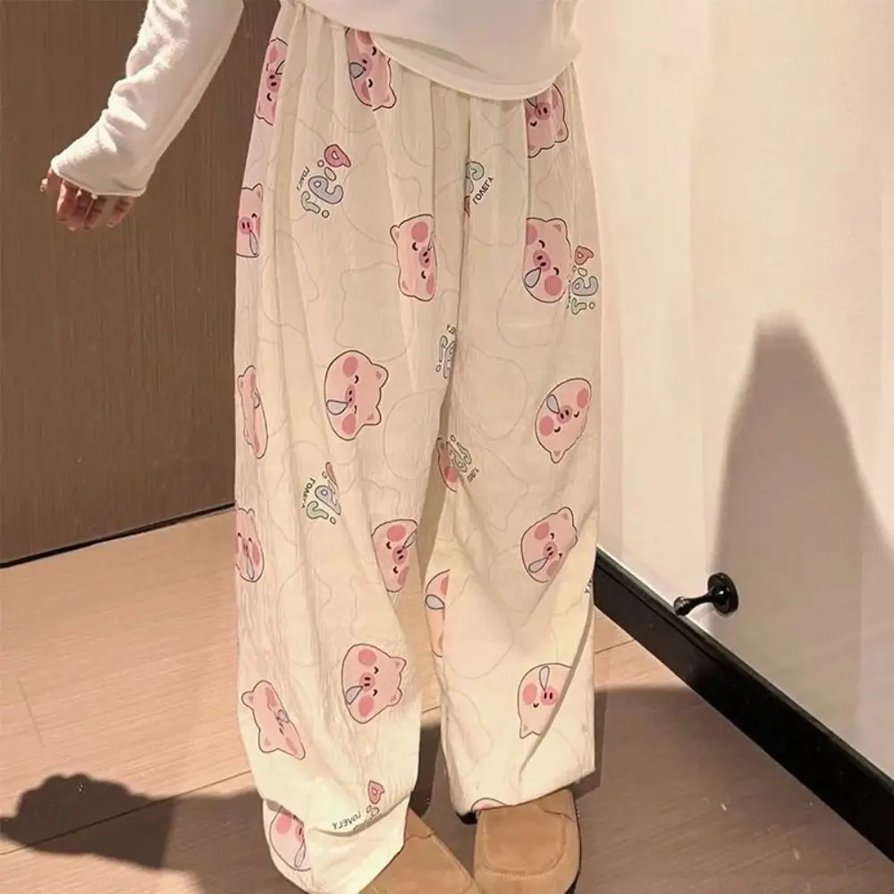 New Cartoon Print Long Pants Wide Leg Loose Sleepwear Casual High Waist Pajama for Women