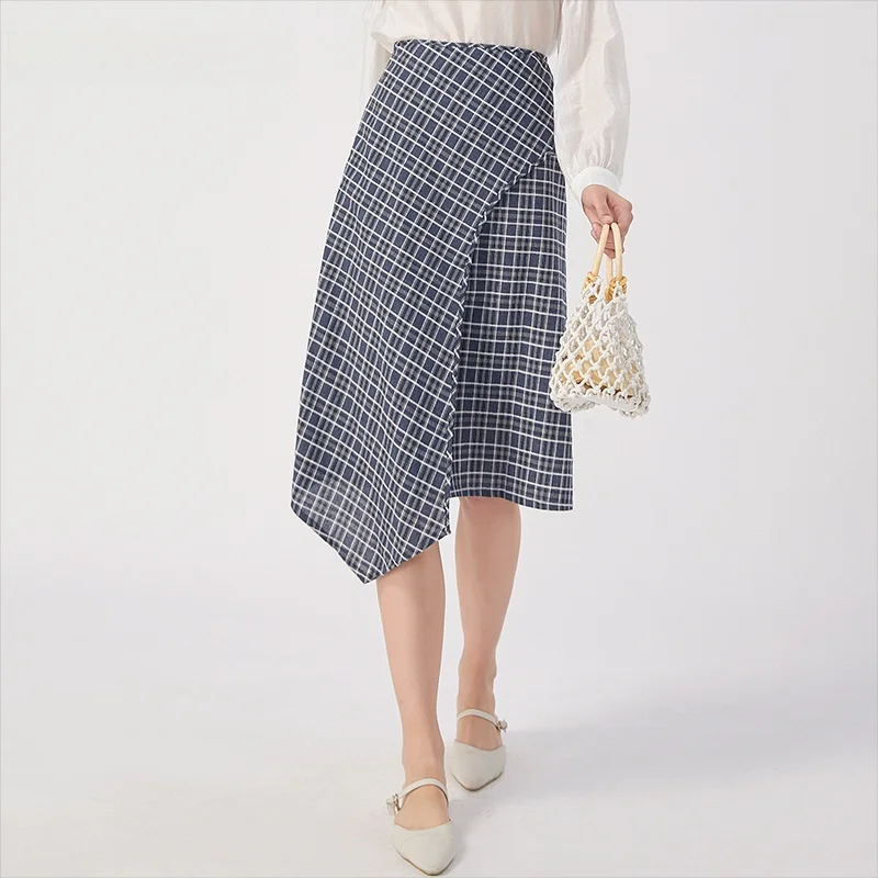 

Юбка миди с высокой талией, А-силуэт, женская, в клетку, асимметричная, весенняя новинка, сексуальный узор, Ele Fene