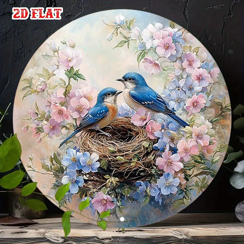 Two Blue Birds with Nest and Floral Background Tin Sign - Vintage Durable Metal Plaque Wall Decor, Home Office Bar Man Cave Wall