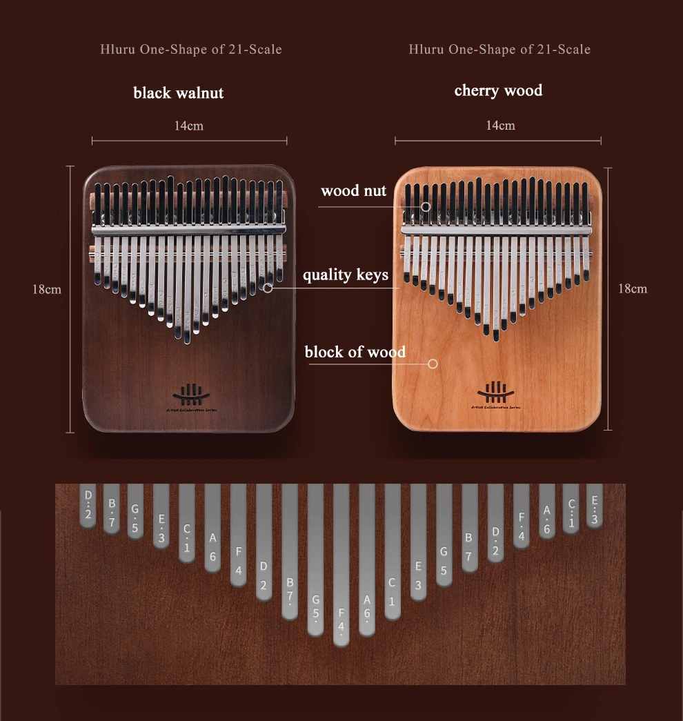 Hluru Professional Kalimba 21 Keys Black Walnut Thumb Piano Key C Cherry Wood Flat Board Kalimba Musical Instrument Mbira