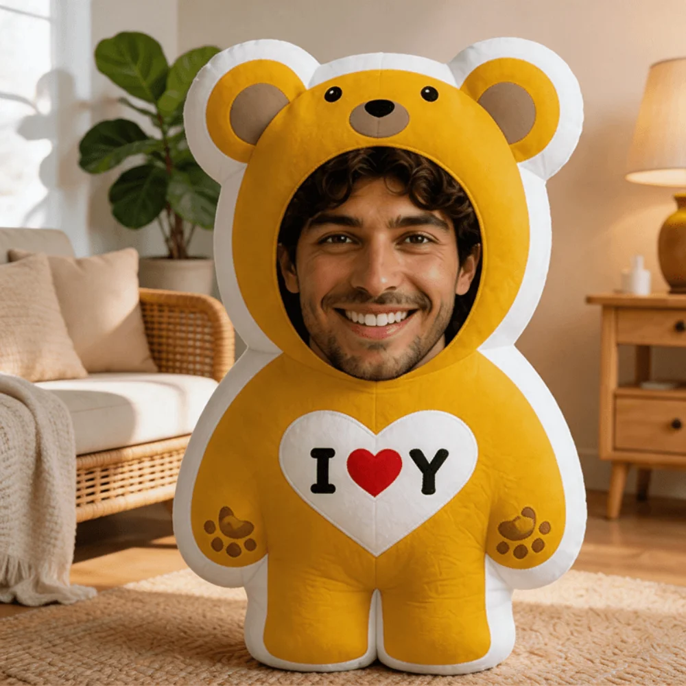 1Pc Personalized Custom Face Photo Yellow Bear Throw Pillow, Double-Sided Design,Soft Plush Cushion with Insert, Perfect Gift