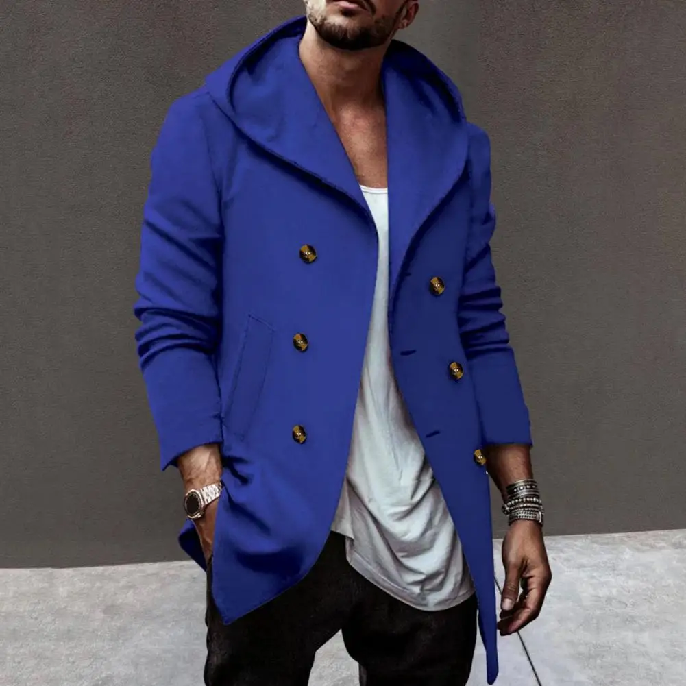 

Men Daily Jacket Stylish Men's Double-breasted Hooded Coat Mid Length Solid Color Soft Warm Cardigan Jacket with for Fall/winter