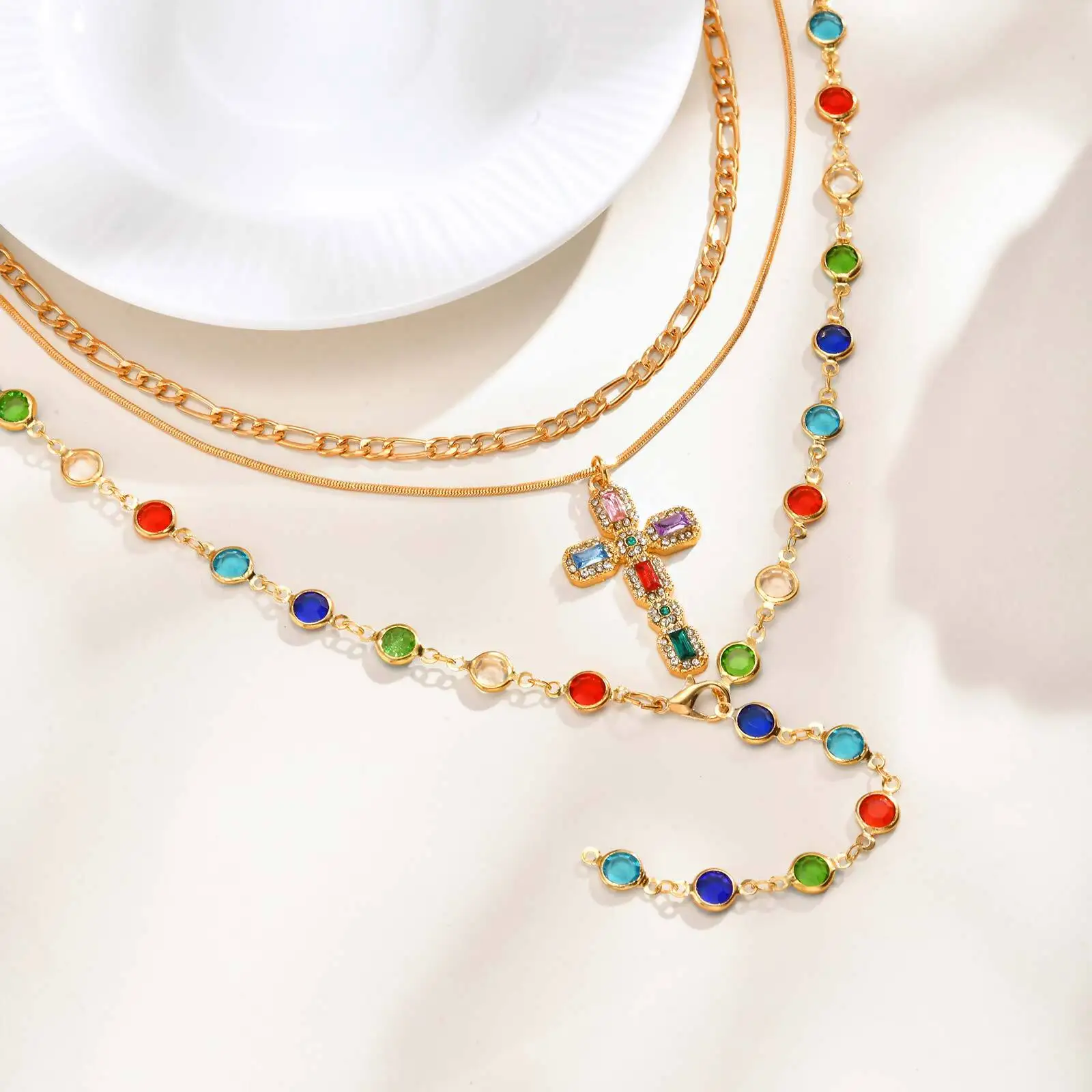 

Vnox Dainty Colored Zircon Multi-layer Cross Necklace, 3pcs Chains Gold Color Y-shape Pendant, Trendy Jewelry Christmas Gift