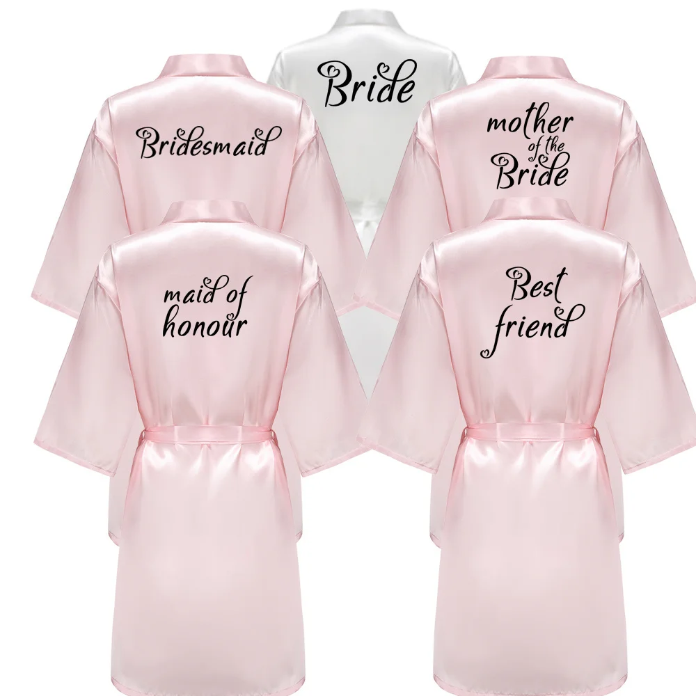 Bride Bridesmaid Robe With Black Letters Mother Sister of the Bride Wedding Gift Bathrobe Kimono Satin Robes