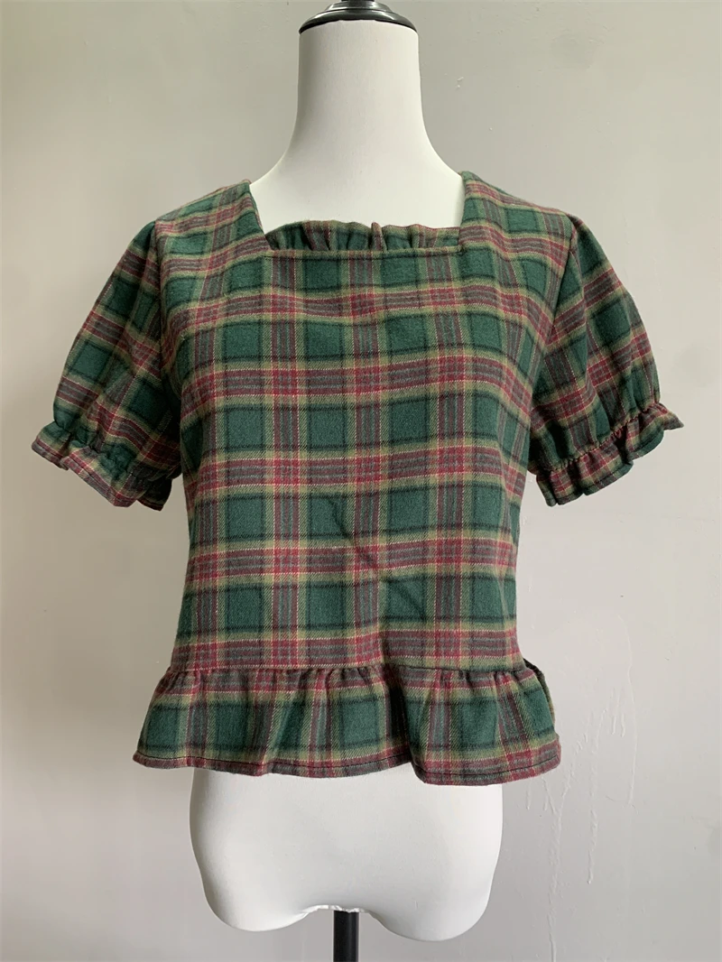 PLAZSON 한국인 리뷰 많은 옷 camisas e blusas Women\'s Plaid Printed Blouse Top blusa feminina Short Sleeve Square Collar Blouses Shirt