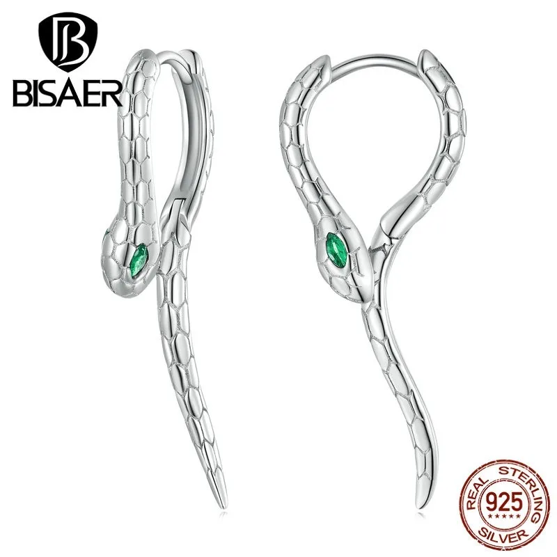 BISAER 925 Sterling Silver Snake Hoop Earrings Green Zircon Animal Ear Clips Plated Platinum For Women Party Fine Jewelry EFE792