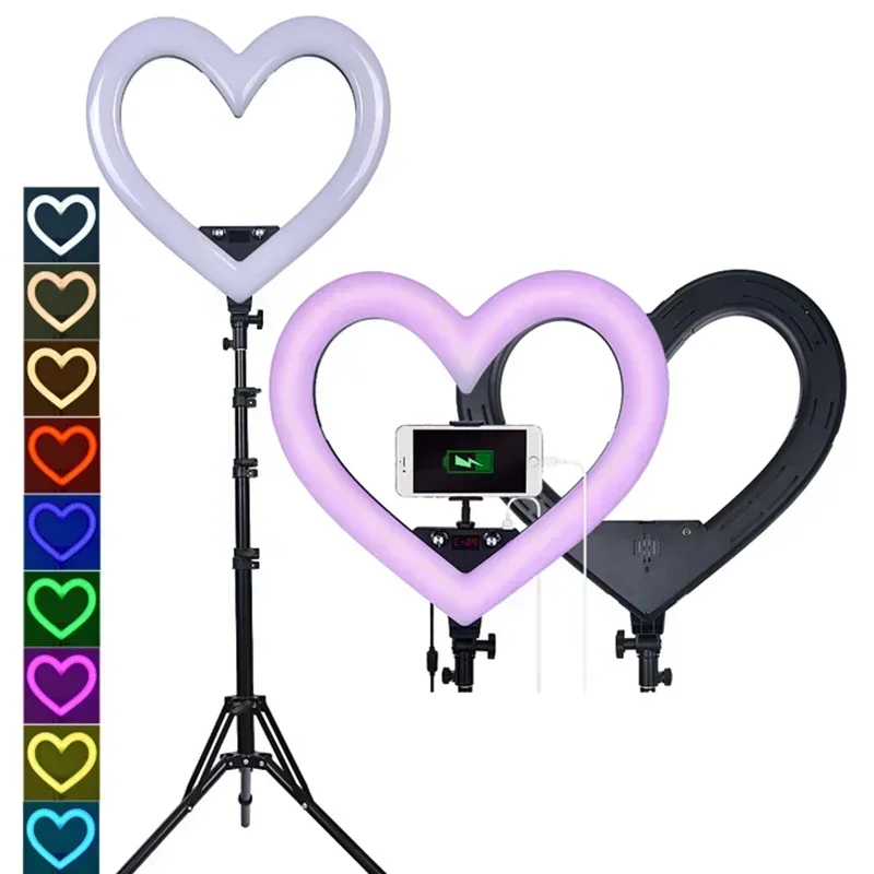 19 inch Live Broadcast Phone Heart Shap LED Ring Light RGB with Tripod Stand Makeup Beauty Lighting for Tik Tok Youtuber