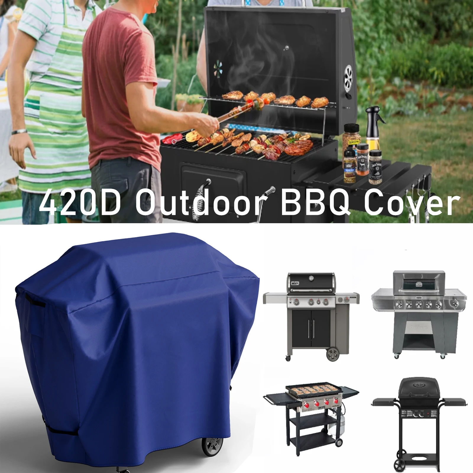 420D Outdoor Grill Cover BBQ Barbeque Cover Anti-Dust Waterproof Rip-Proof with Hook-and-Loop Straps & Adjustable Hem Drawstring