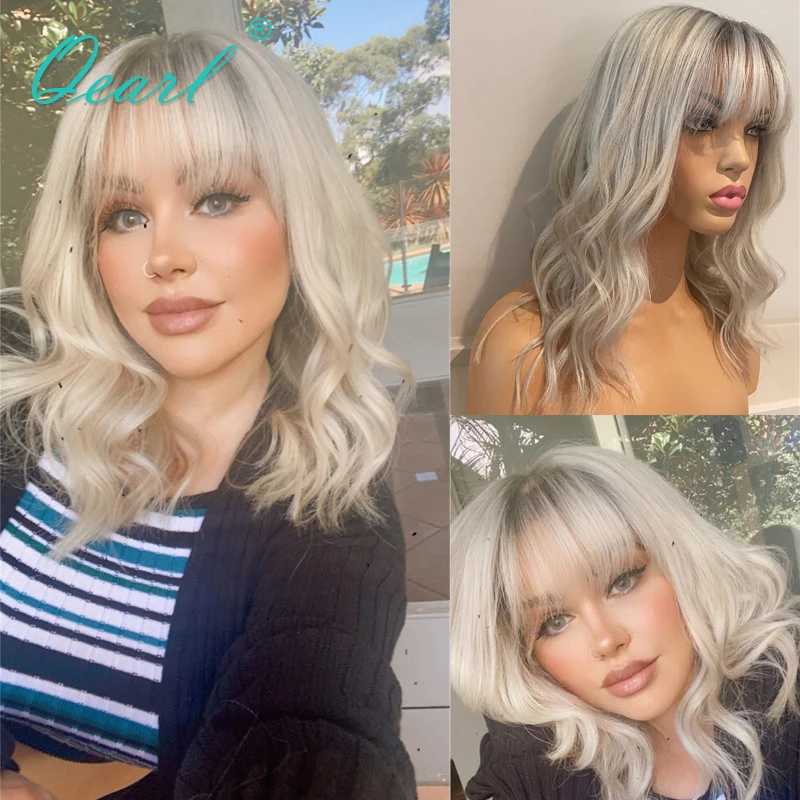 Brazilian Virgin Wavy 100% Real Human Hair Wig with Bangs Ombre Blonde Lace Wigs for Women Glueless Fringe Wig Top Sale Qearl