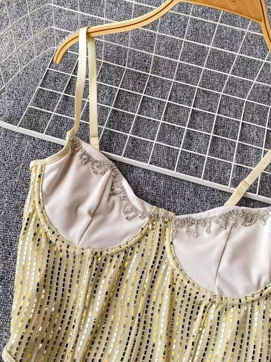 Foamlina – Corset tendance à paillettes et strass pour femmes, conçu européen, estampage à chaud, col licou, Slim Fit, Sexy, dos nu, gilet court