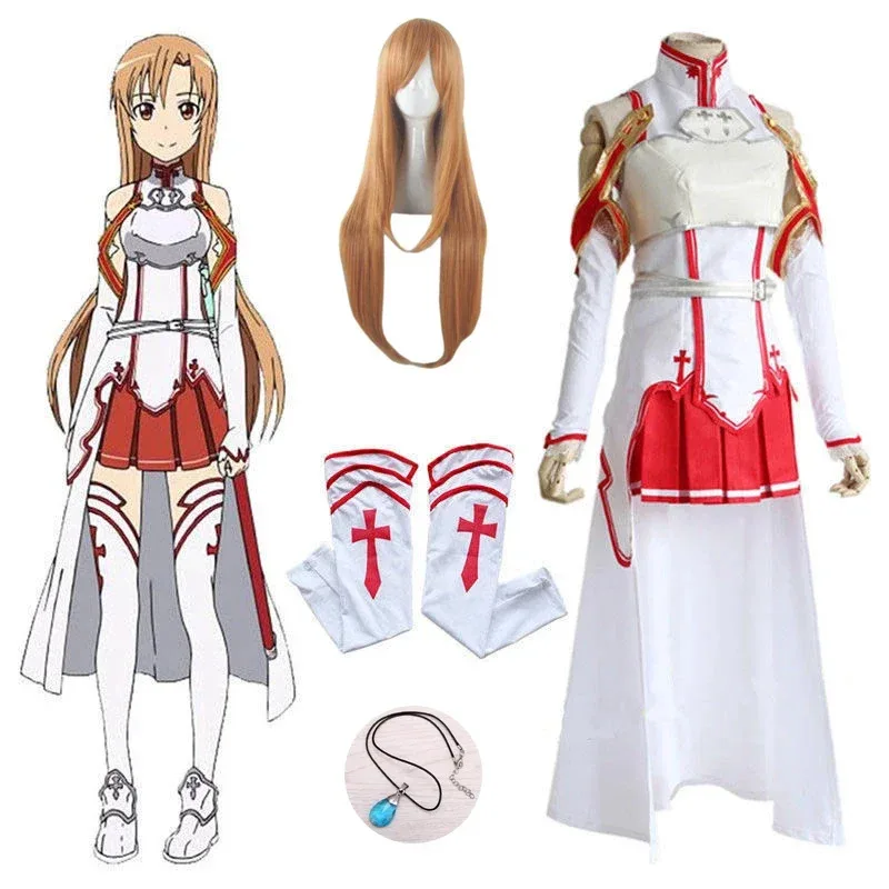 أزياء أنيمي السيف الفنية على الإنترنت asuna yuuki أزياء تنكرية موحدة لجميع القديسين هي بدلة معركةك SAO للنساء مجموعة كاملة من الشعر المستعار