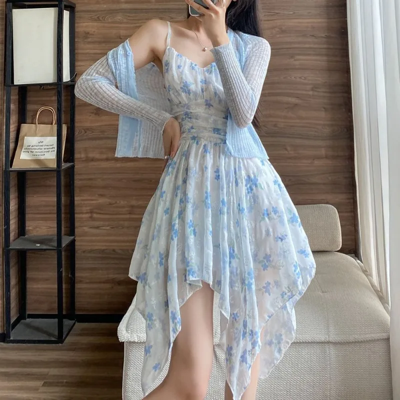 Sling Dresses Women's Summer New Irregular Tea Break Skirt Spicy Girl Wrapped Waist Figure Fragmented Flower Dress Cardigan Set