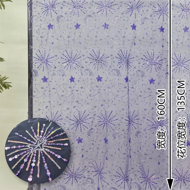 2 Yds/lot 130cm Wide Blue Star & Moon Gold Sequin Embroidered Fabric for Wedding Dresses, Evening Gowns & DIY Costumes F001 view 4