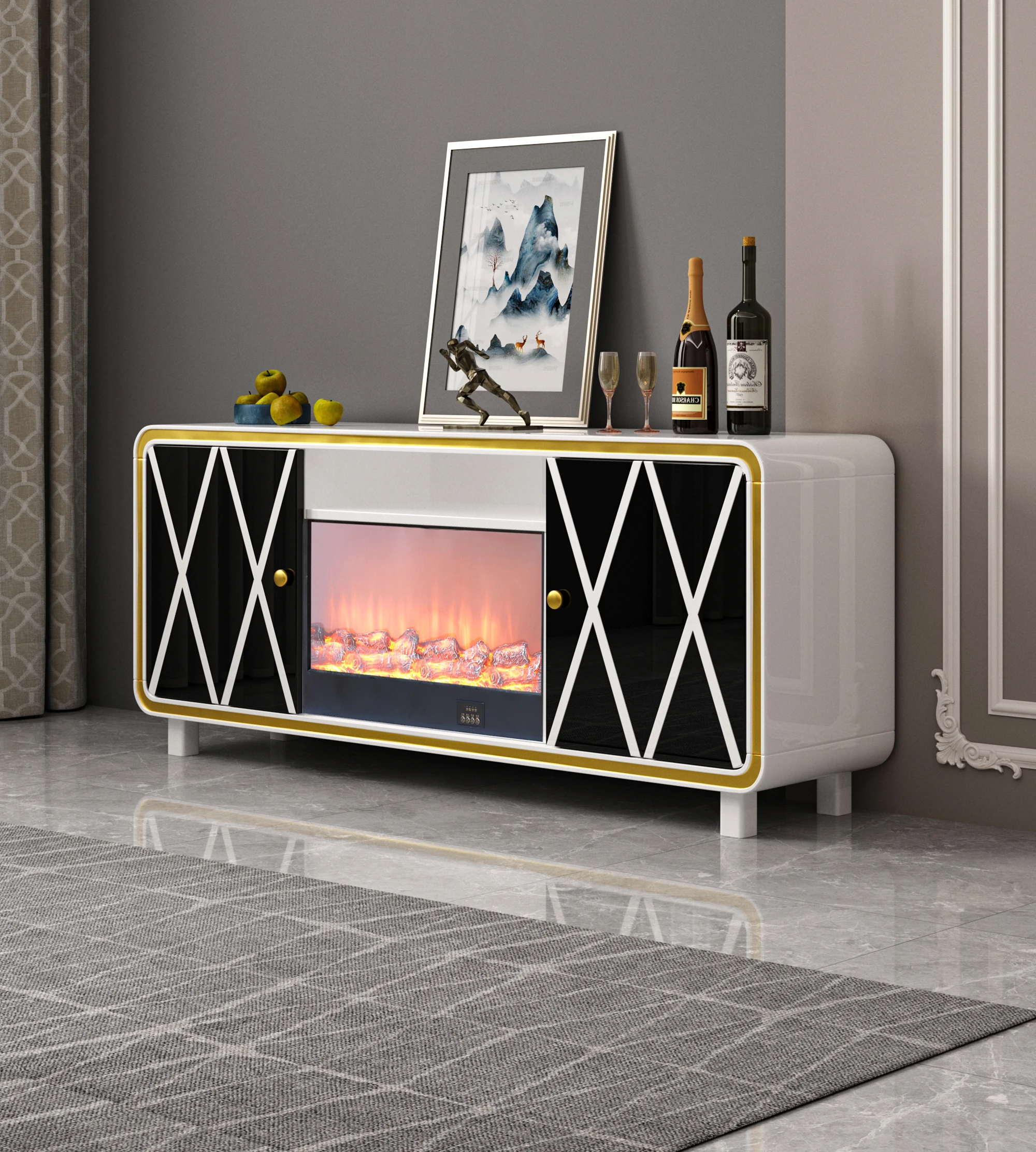 Ekintop Decor Flame Electric Fireplace Mirrored Wooden Tv Cabinet Stand For Home