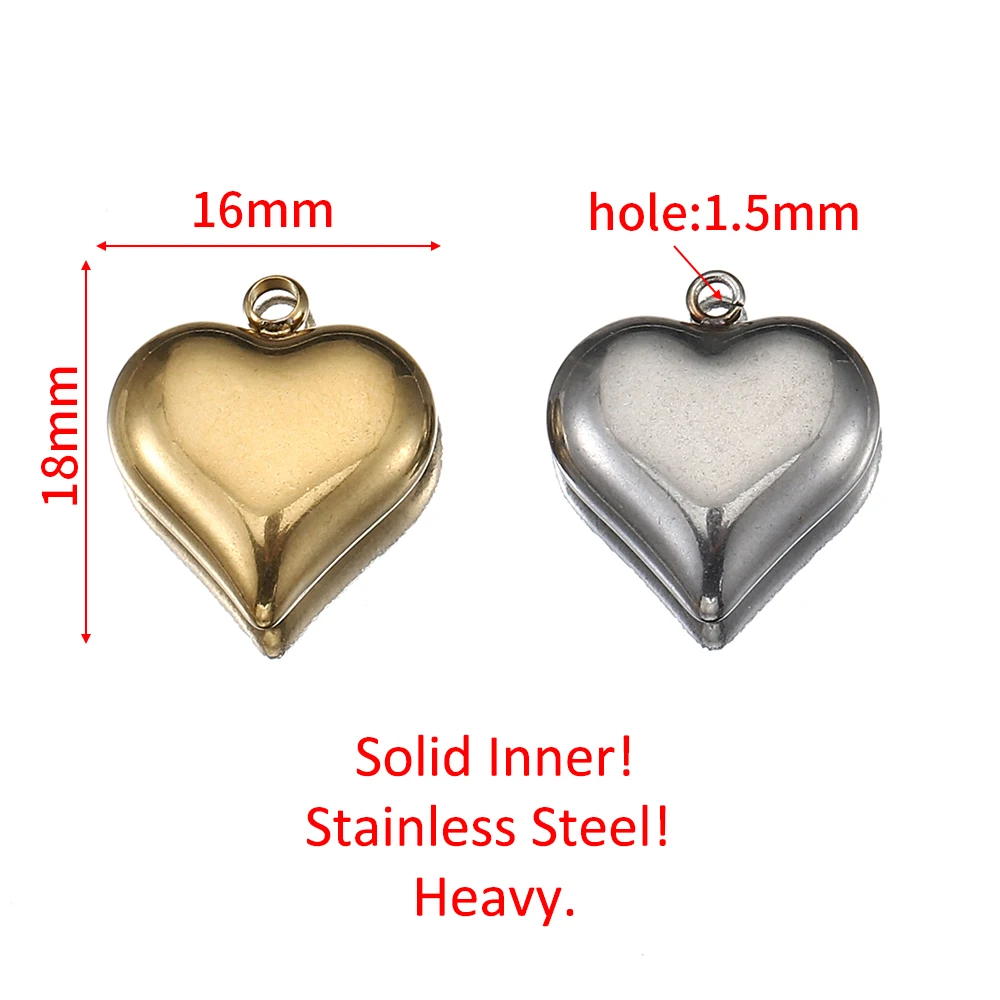 5pcs Solid Inner Stainless Steel Love Heart Pendants Charm Gold Color 16x18mm Charms for Necklace Bracelet Chains DIY Ornaments