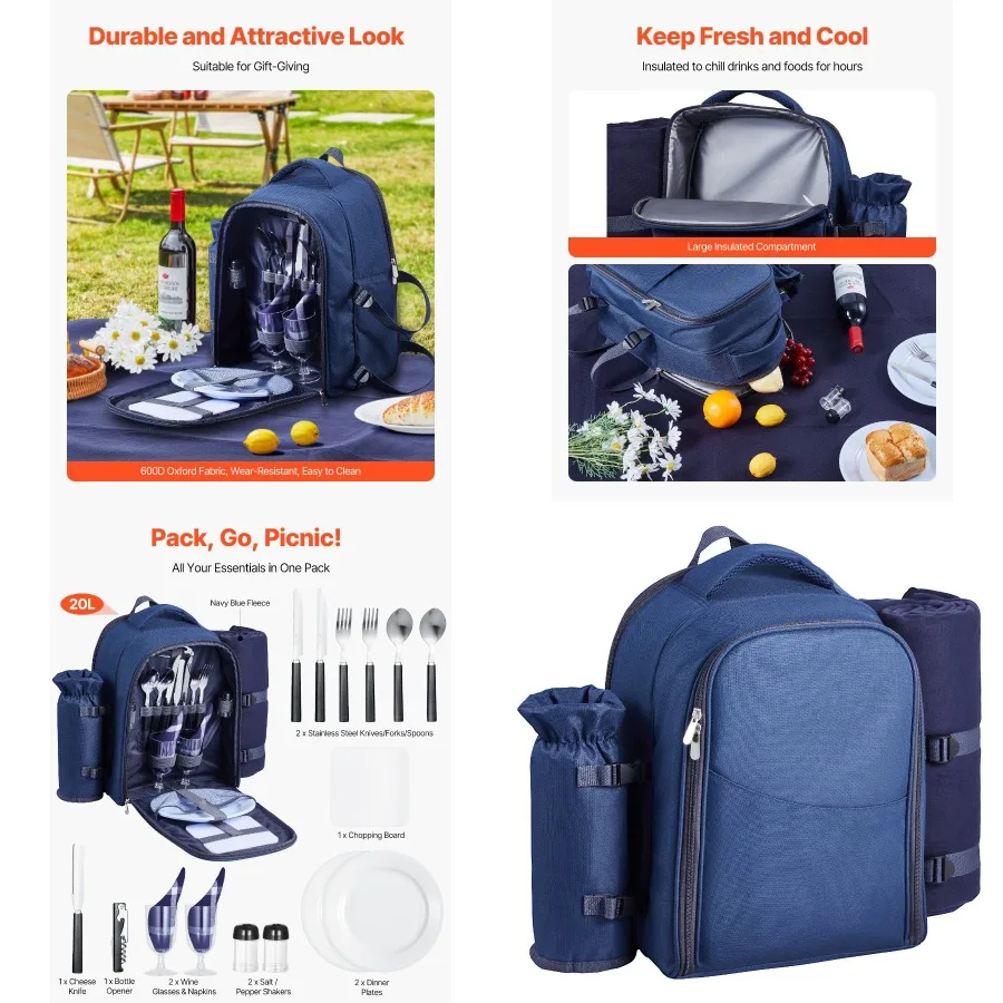 

Сумка-рюкзак VEVOR для пляжного пикника на 2 человека с отделением-холодильником, темно-синий