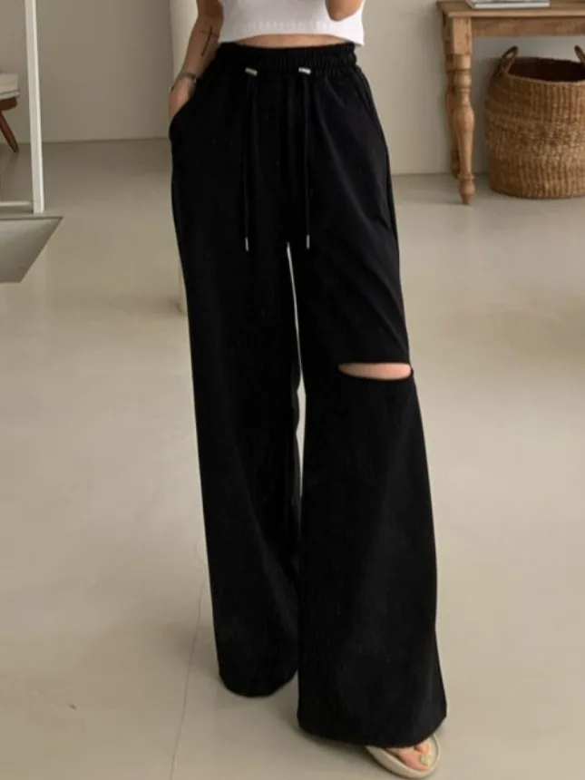 

Женские брюки с высокой талией и широкими штанинами, с одним разрезом, повседневные, с дырками, прямые, утягивающие, в пол, спортивные штаны