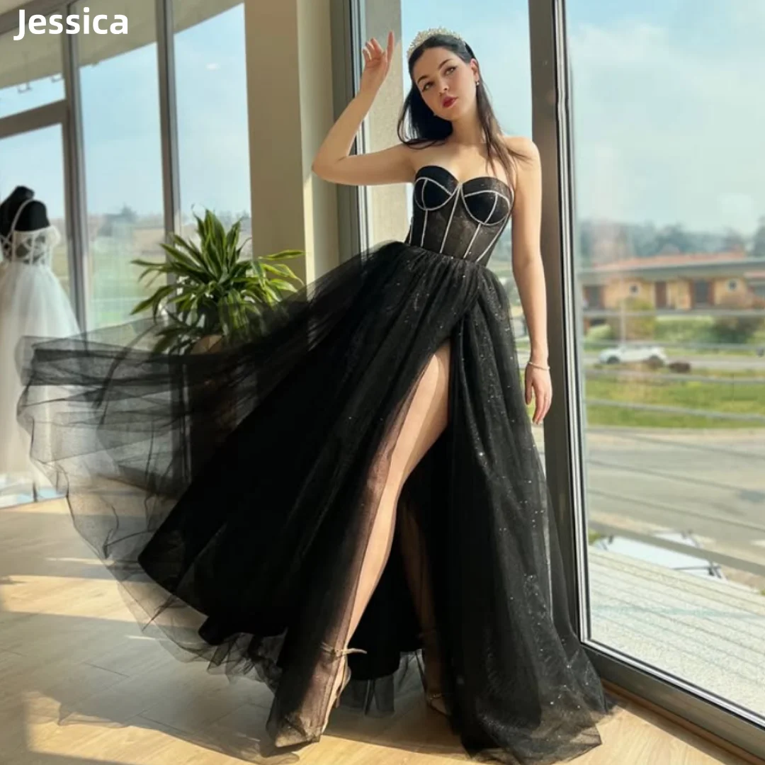 Jessica Glitter Embroidered Beads Prom Dresses Black Tulle Wedding Dress Off-shoulder Side Slits Robes De Soirée Customized 2025