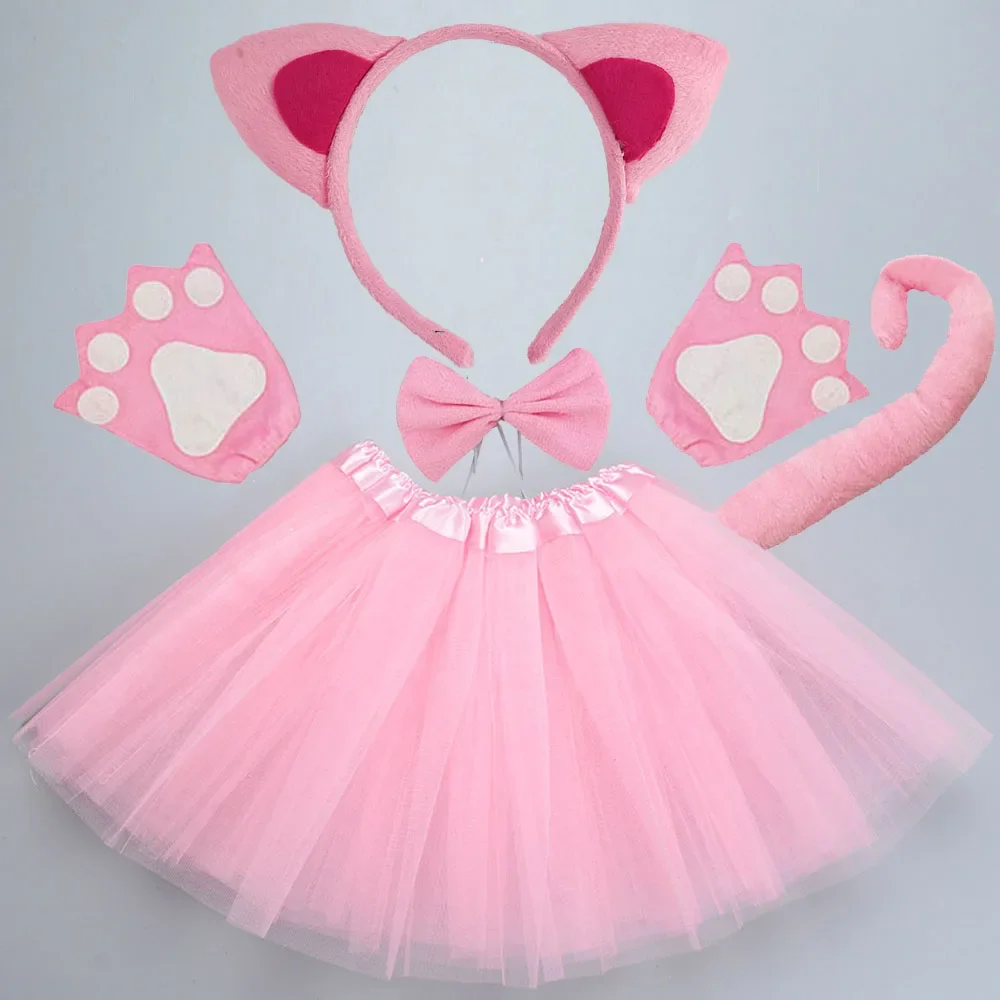 Disfraz de gato blanco y negro para niños y niñas, diadema con orejas, cola, falda con lazo, tutú para Halloween, conjunto de Cosplay de animales