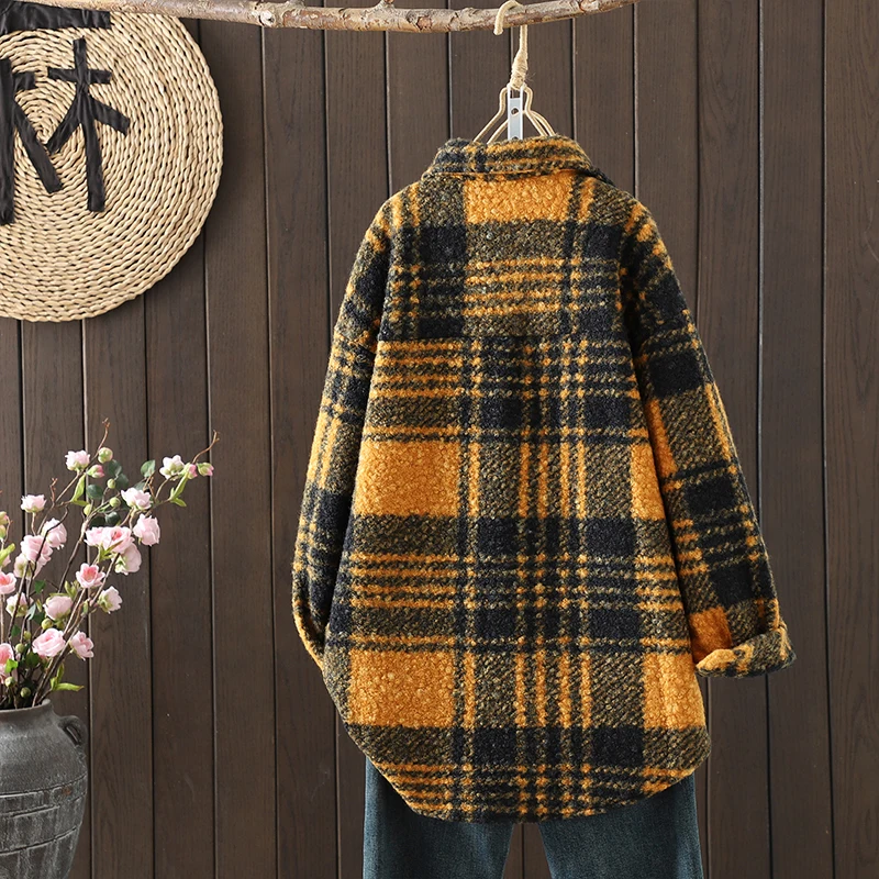 الكورية Sle عارضة Thiened منقوشة فضفاضة تناسب ملابس خارجية هونغ كونغ Sle معطف الصوف زر واحد طويل Sve البوليستر القطن...