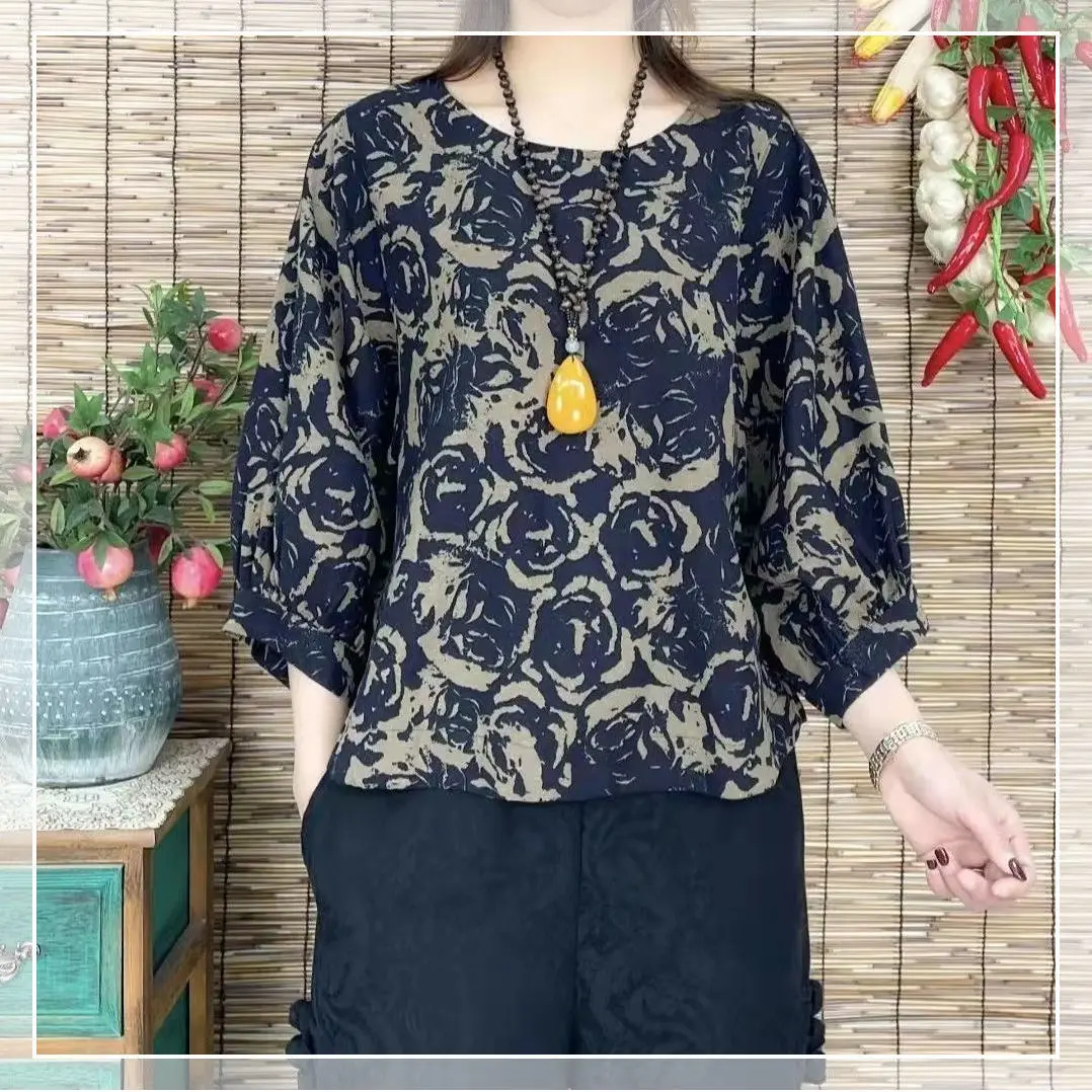 Camiseta Feminina de Algodão Retro Nova de Verão, Tamanho Grande, Estampada, 7/8, Base Slimming que Disfarça a Barriga