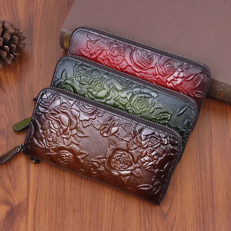 

Genuine Leather Women Wallet Long Clutch Handy Bag Printing Rose flower Female Lady Card Retro Money Clips Purse