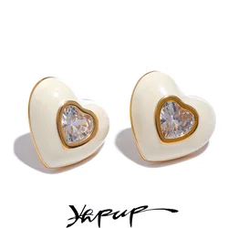 Yhpup 6Color Enamel Shiny Cubic Zirconia Stainless Steel Heart Colorful Stud Earrings Exquisite High Quality Y2K Fashion Jewelry