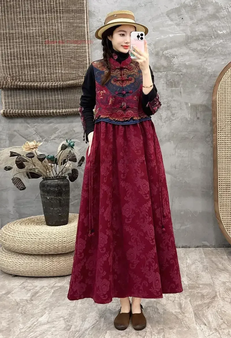 2024 chinese traditional hanfu dress national flower embroidery sleeveless cotton linen dress oriental jacquard folk dress