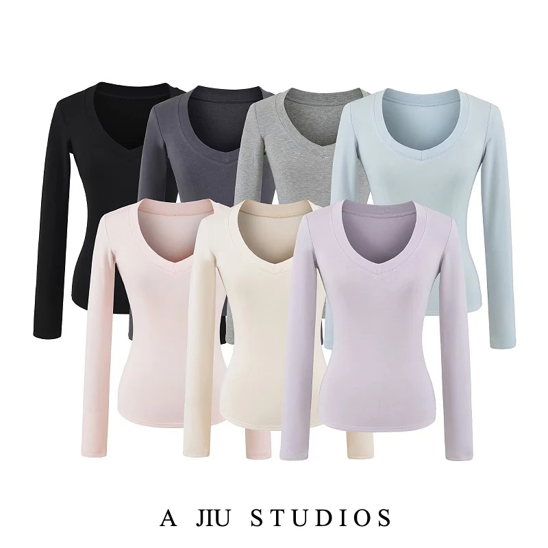 قميص نسائي طويل الأكمام بياقة على شكل V مبطن بالصوف، تصميم نحيف متعدد الاستخدامات لخريف 2024 #2