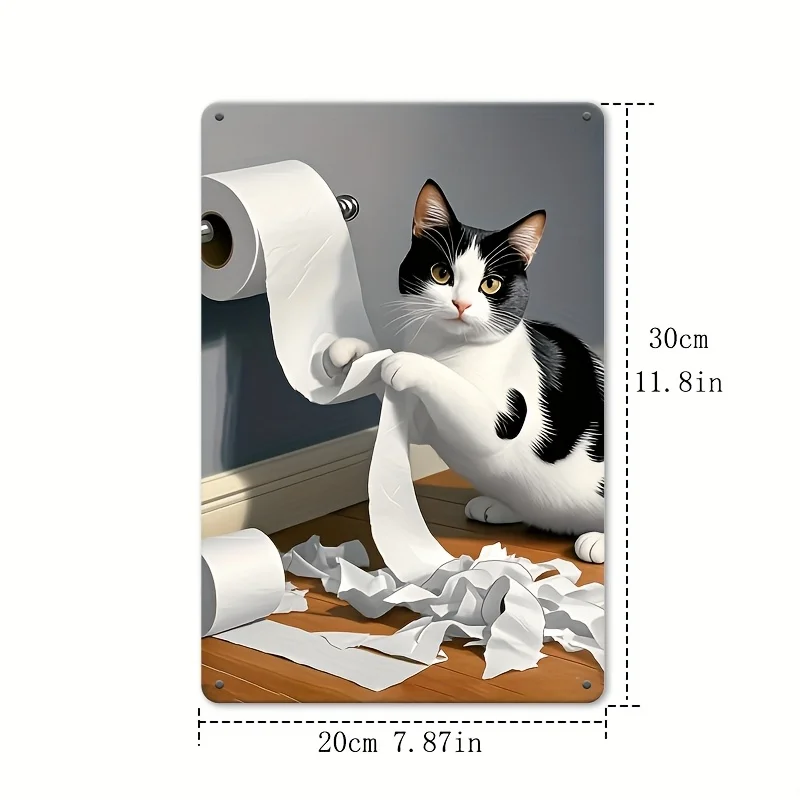 Décoration murale en métal en forme de rouleau de papier toilette avec motif vache romantique et chat, design vache noir et blanc fantaisie avec chat ludique, pour bar, restaurant