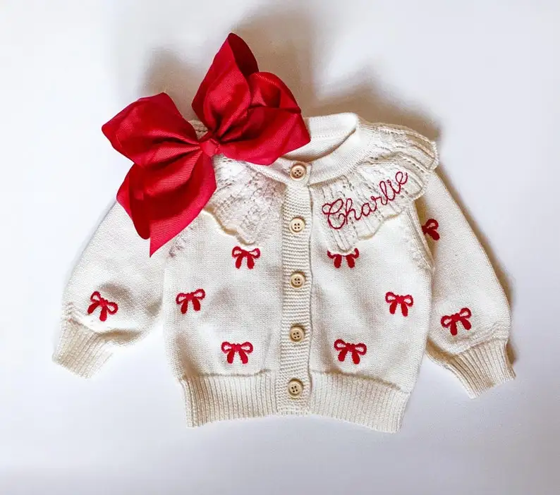 Personalized Baby Cardigan: Embroidered Name, Coquette Bow Sweater