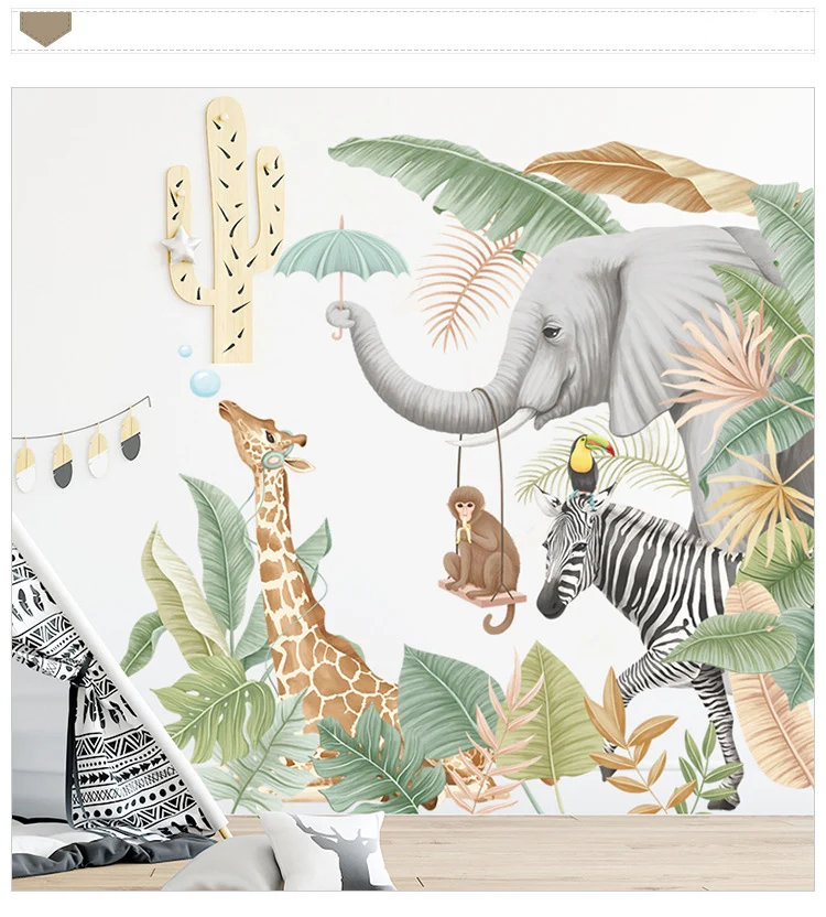 Papel tapiz 3d personalizado de jungla para guardería, mural de pared para habitación infantil, pegatina de papel tapiz 3d de animales, art deco