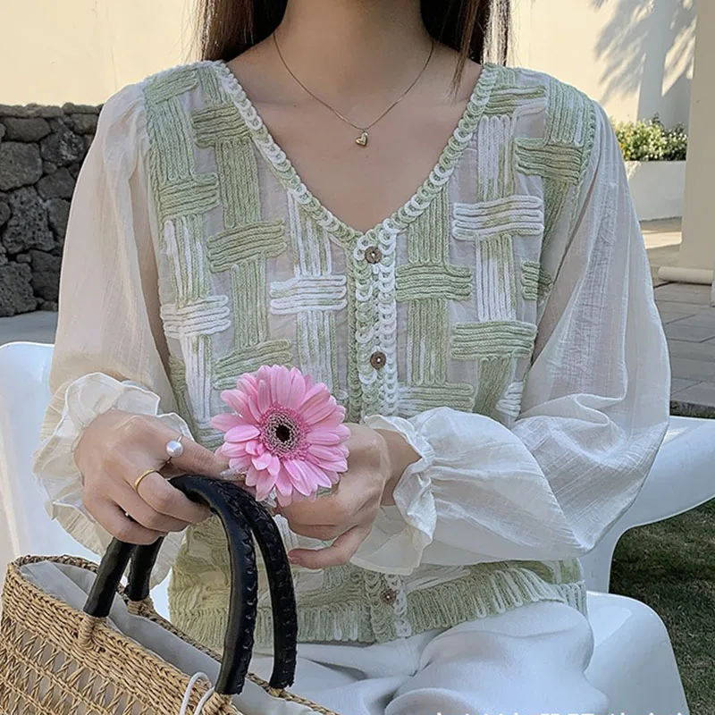 Boring Honey Holiday Top Women Style Long Sleeve Knitted Stitching Shirt Women's Spring Summer New Slim Blouse Fashion Shirt