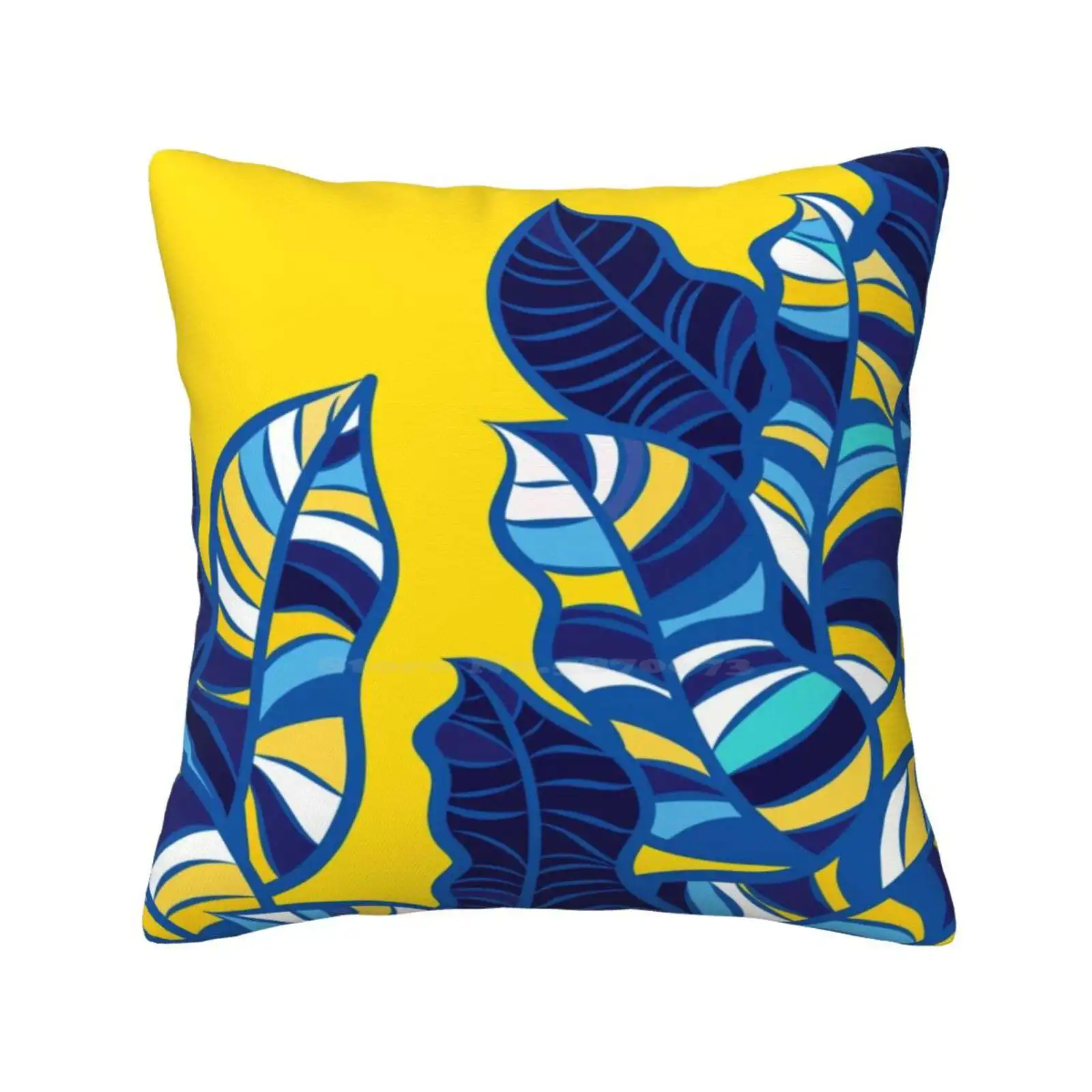 Pop Foliage On Yellow Home Sofa Car Waist Throw Pillowcase Tropical Leaves Leafy Pattern Doodle Bold Vibrant Colour Blocks