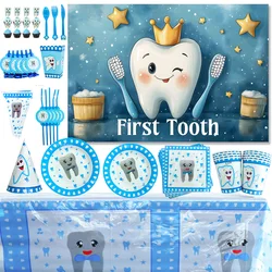 My First Tooth Blue Theme Boy Girl First Tooth Birthday Party Decoration Supply Disposable Tableware Plates Cup Baby Shower Gift