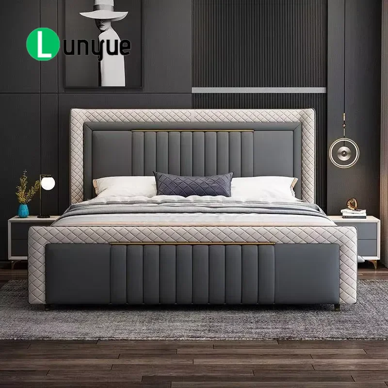 Modern Leather Bed with Quilted Detailing and Gold Trim Customizable Stylish Bedroom Furniture Elegant Design Comfortable