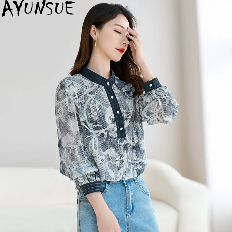 AYUNSUE 100% Real Mulberry Silk Long Sleeve Blouse Plant Printed Women Shirts Autumn Commuting Women Clothing 2026 Chemise Femme