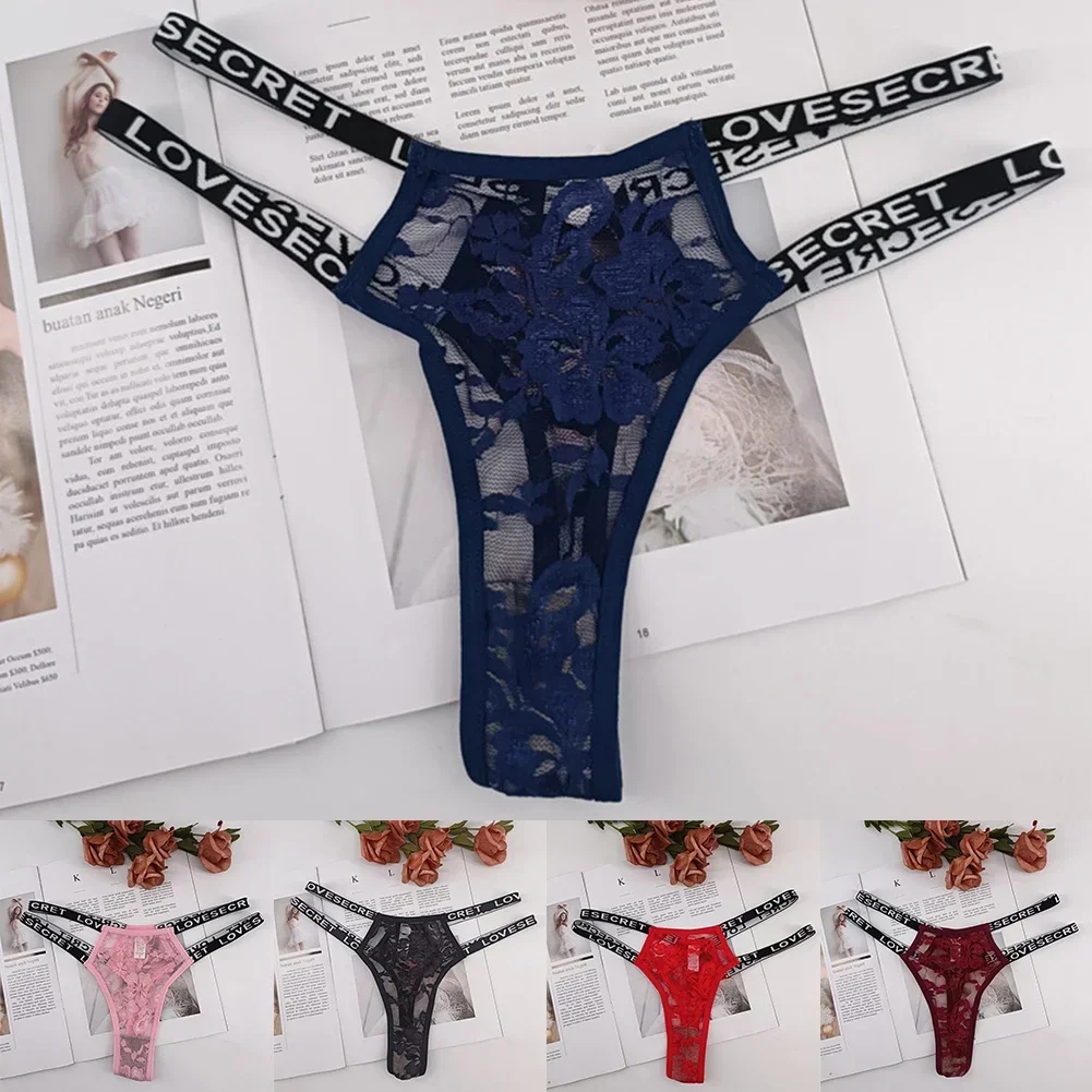 Tanga de encaje Sexy para mujer, bragas con cinturón fino con estampado de letras, lencería con espalda en T, ropa interior elástica de tiro bajo, pantalones eróticos
