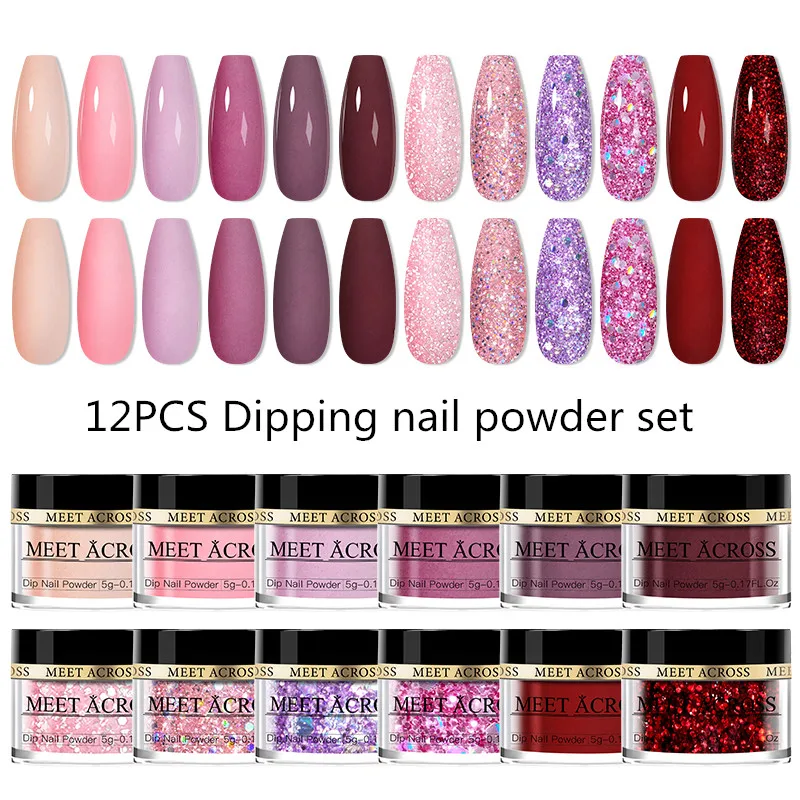 MEET ACROSS Dipping Nail Powder Set Glitter Nude Red Pink Purple Natural Dry Dipping Nail Powder System Kit Nail Art Manicure