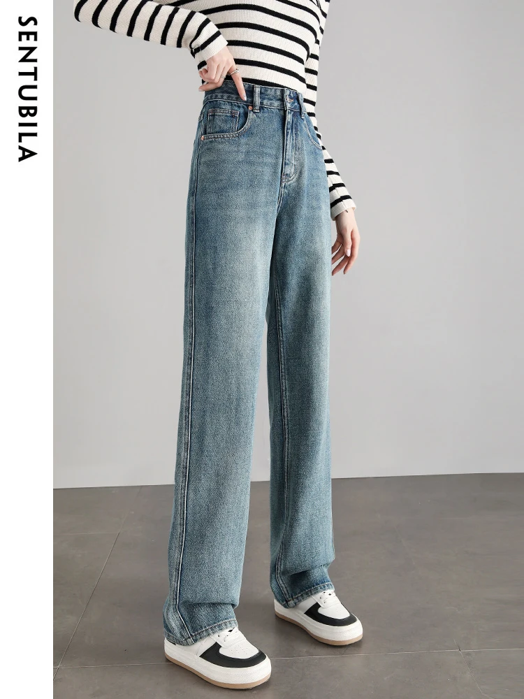 SENTUBILA High Waist Baggy Jeans for Women 2024 Autumn Fashion Wide Leg Straight Pants Ladies Loose Trousers Female W33N50631