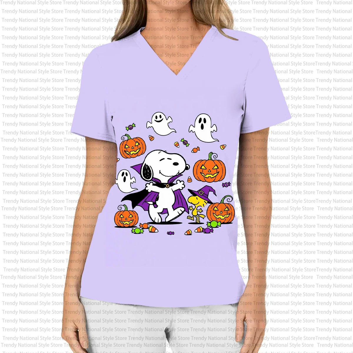 

Women's Work Uniform Halloween Funny Snoopy Print Uniform Women's V-neck Pocket Scrub Top Hospital Medical Laboratory T-shirt
