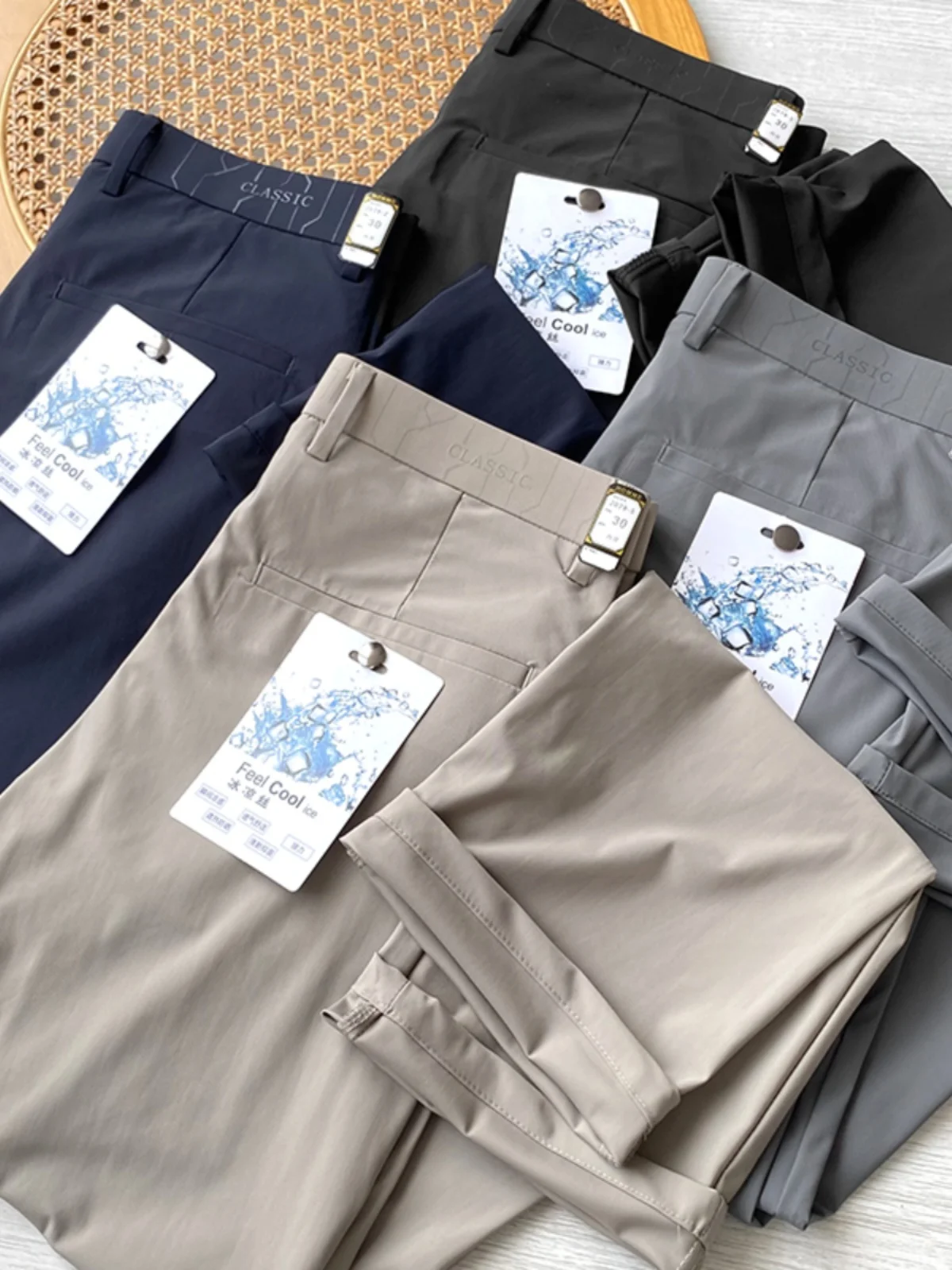 

Cool Silk Long Pants Men's Summer Spring Busin Casual Bla Tech Heat Protection Breathable Comfortable Straight Leg Trousers