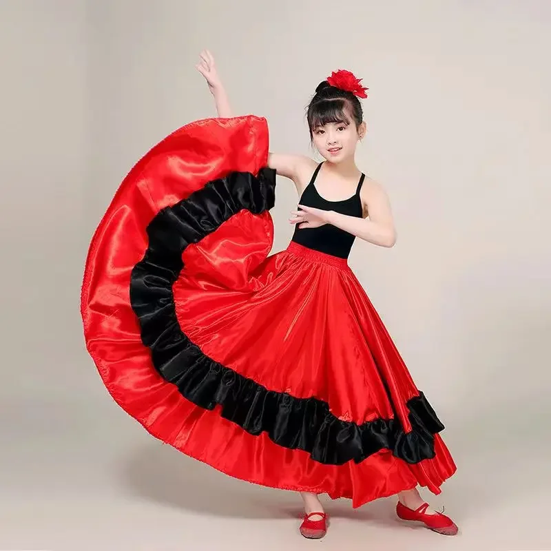 Kid Girl Gypsy Spanish Flamenco Skirt Satin Smooth Big Swing Carnival Party Ballroom Belly Dance Festival Stage Costume