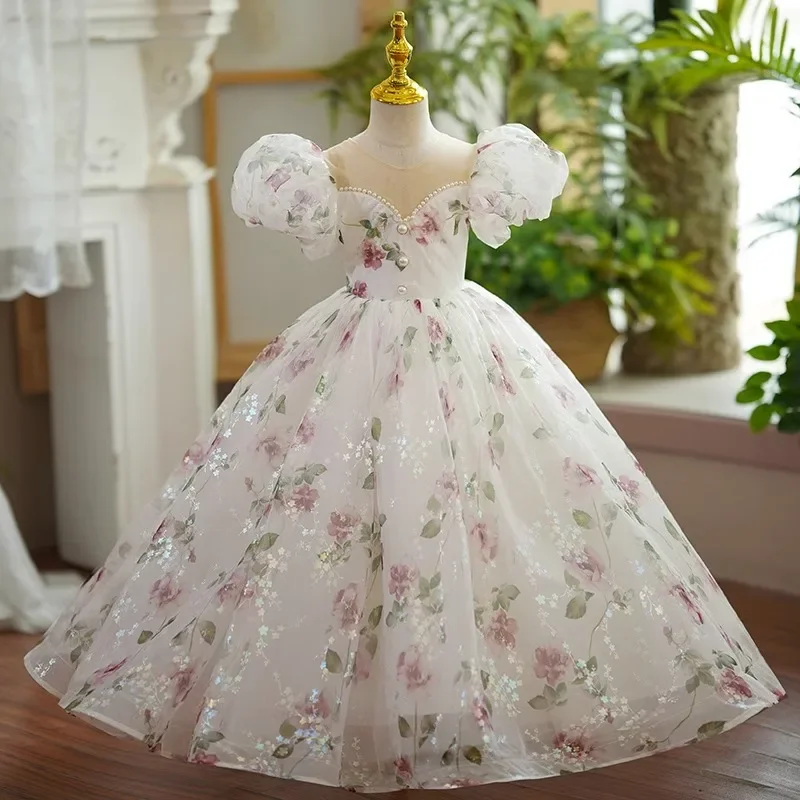 

Luxury Birthday Party Dress for Flower Girls Wedding Bridesmaid Christening Long Evening Gowns Children Pageant Fairy Dress Kids