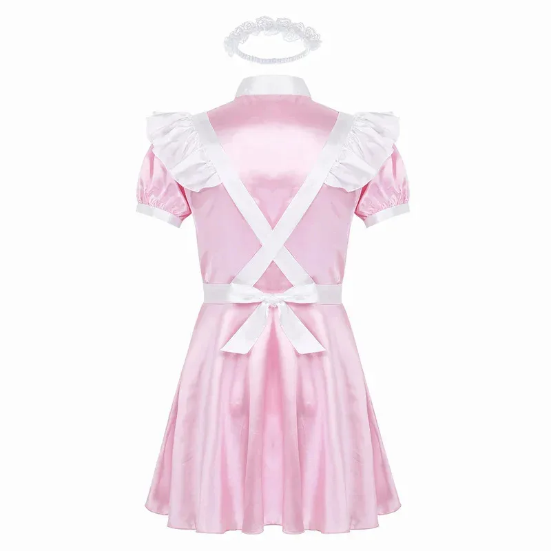 

NewMens sippy maid cosplay costume puff sleeve satin French apron servant babydoll dress roleplay gay crossdress nightwear2025