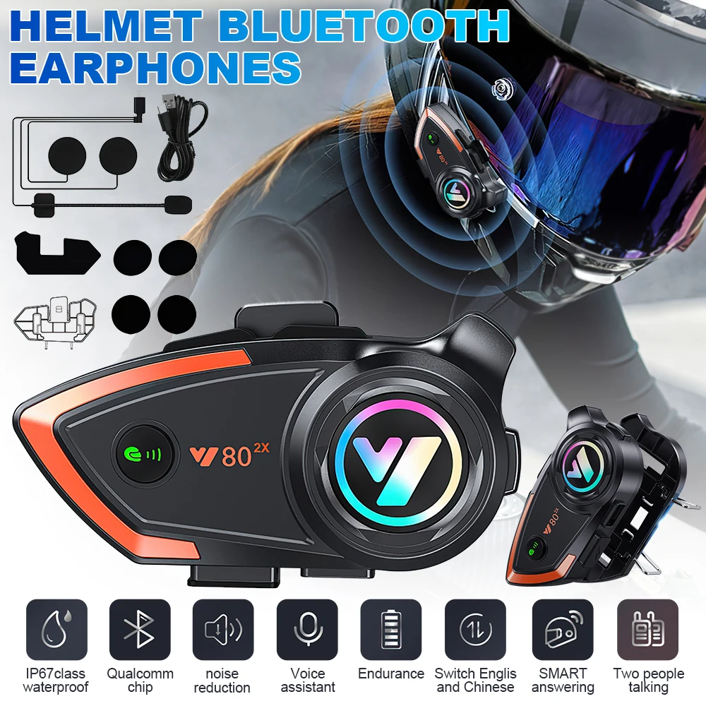 

Bluetooth 5.0 Motorcycle Helmet Headset Wireless Intercom Motorbike Headphone Hands Free Call Noise Reduction 500M Interphone