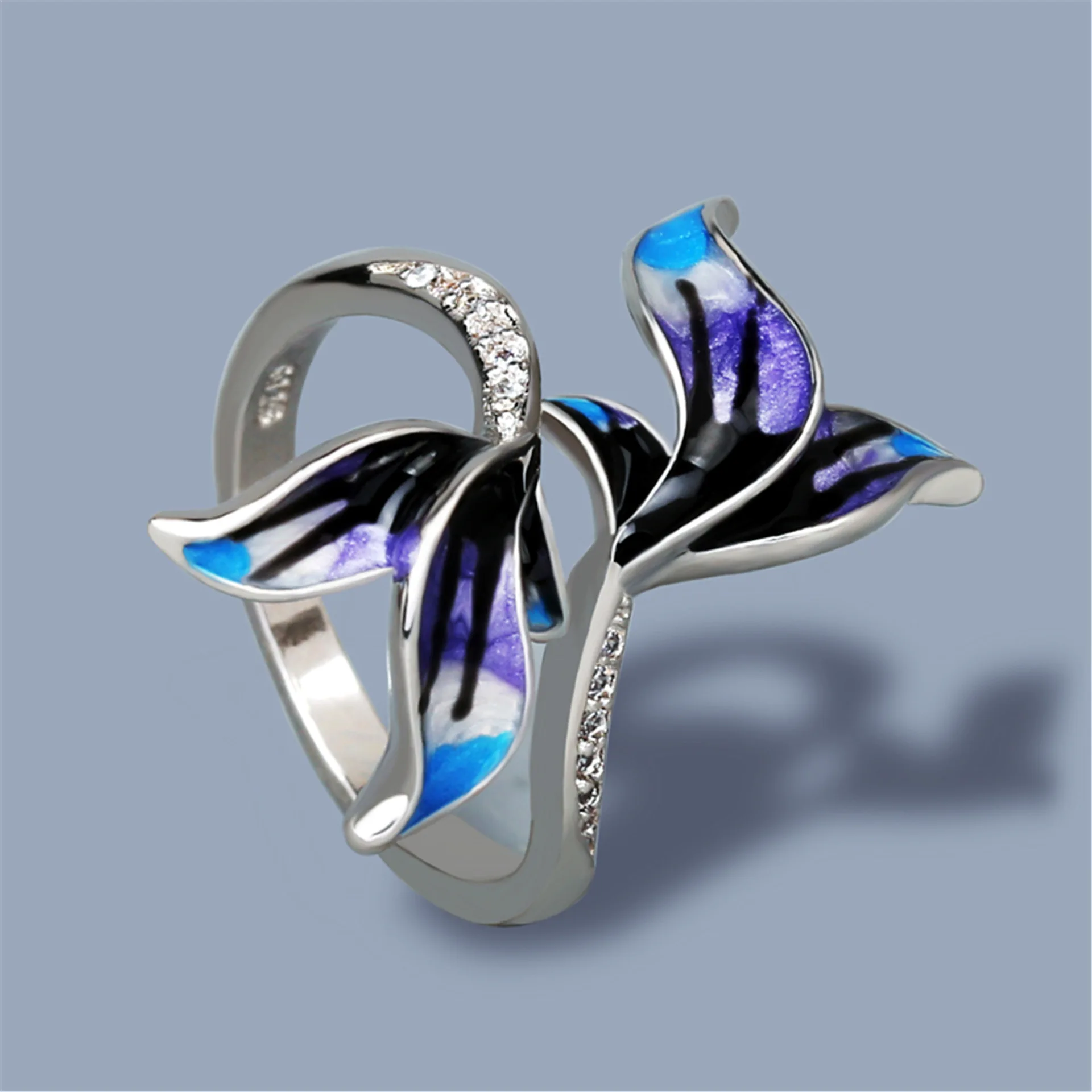 New Fashion Jewelry Plant Floral Series Blue Drops Glue Enamel Flower For Women's Ring Party Birthday Gift