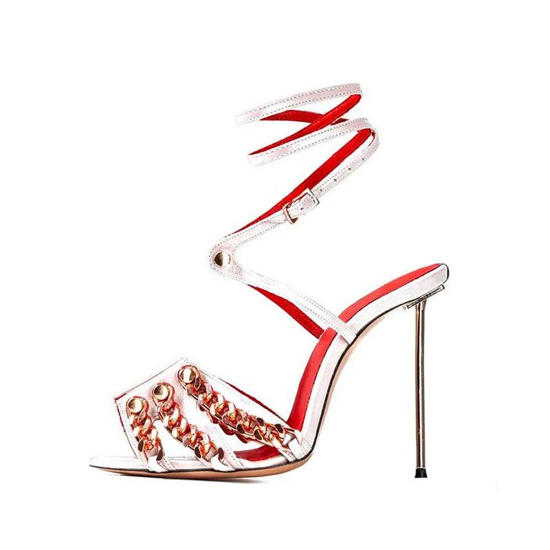 

Summer 2024 Cross-tied Metal Stiletto Sandals Pointed toe Belt buckle Super high heel Metal chain Roman sandals Extra large size