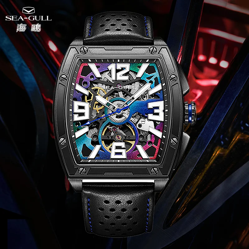 Seagull Tonneau forme hommes montre automatique mécanique montres squelette saphir bracelet en cuir